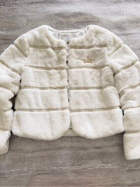 Disney Cream Faux Fur Puffer Jacket with Crown Accent Size 7/8